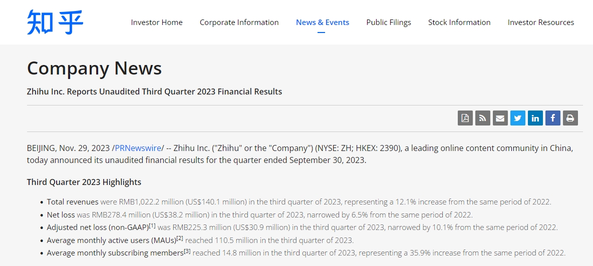 知乎发布2023第三季度财报：营收10.22亿元