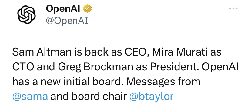 OpenAI宣布Sam Altman已回归担任CEO